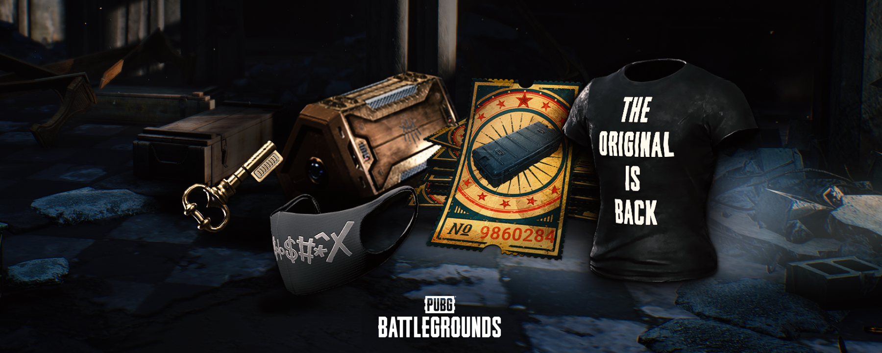 The Original Is Back T-Shirt, Foulmouthed Mask, Contraband Coupon, and Hunter's Chest Pack & Key items over a dark game background, with PUBG Battlegrounds centered below.
