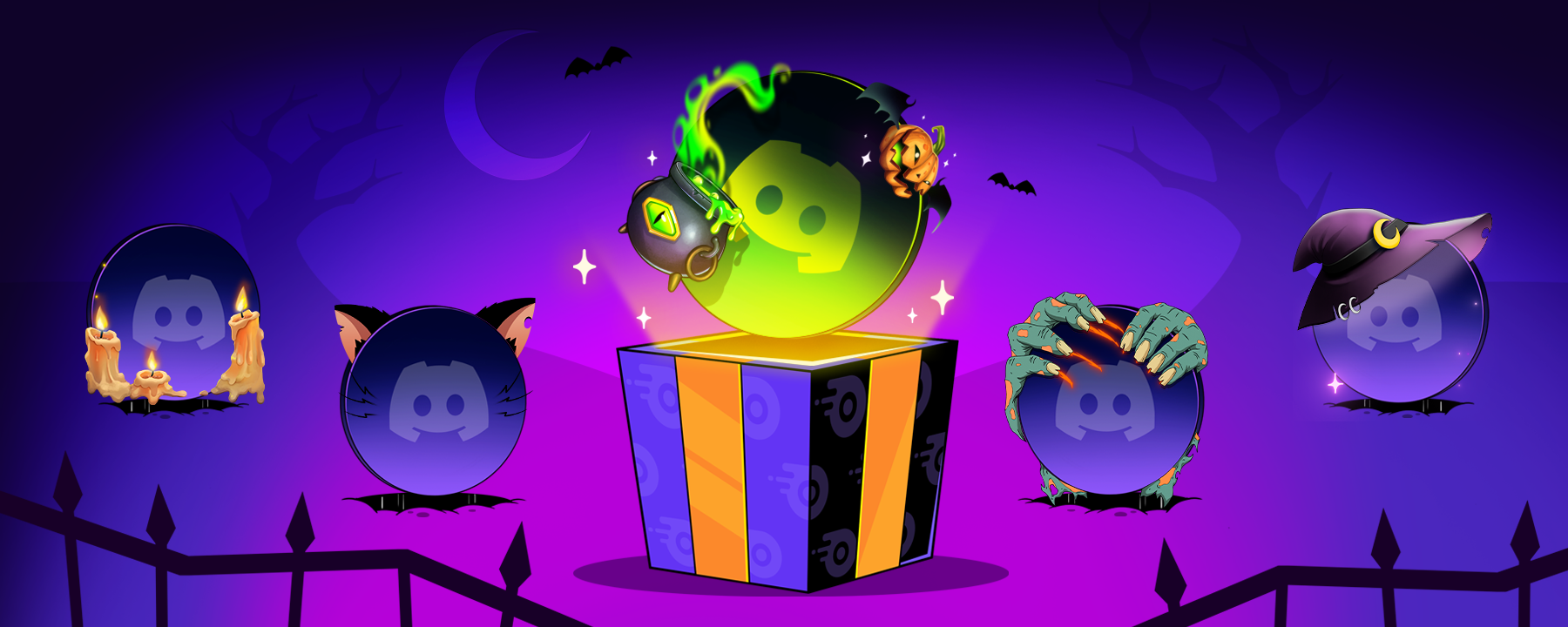 Four Halloween-themed Avatar Decorations rise from their graves. Between them, a present with Discord Nitro-themed wrapping paper opens up, and an Avatar Decoration bursts out of the box!