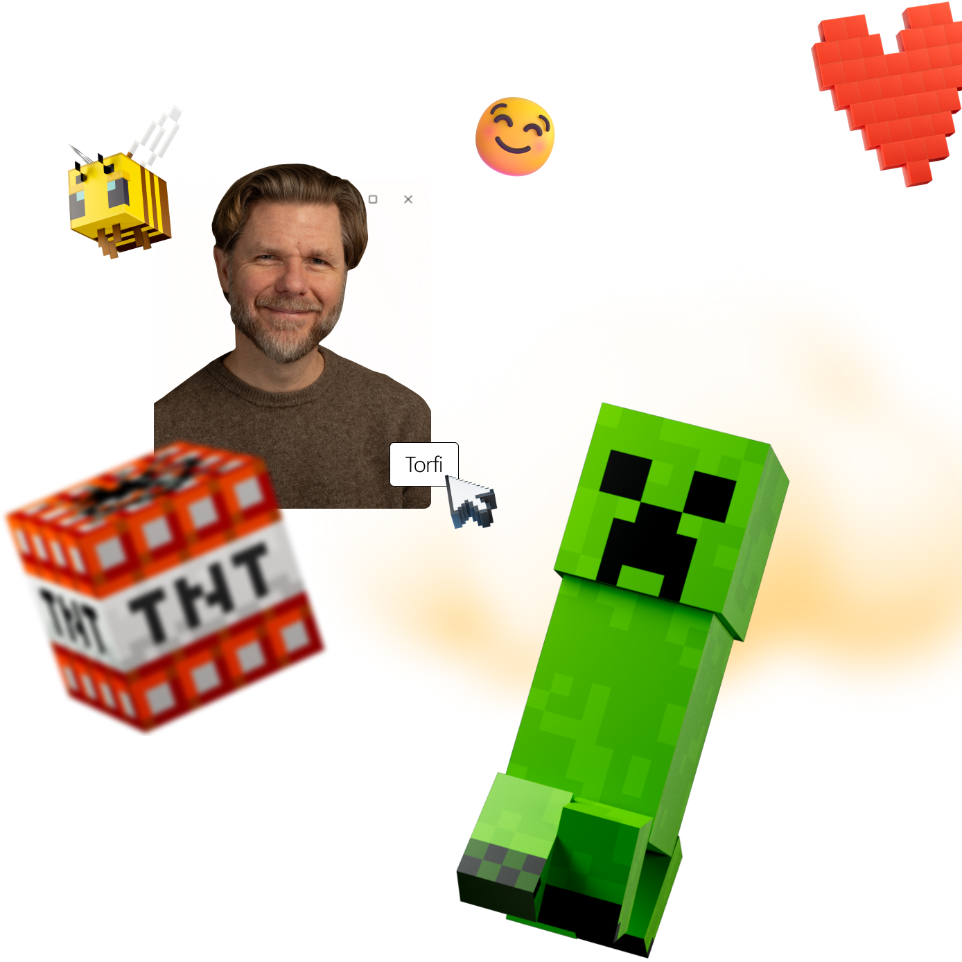 A person in a pop-up box surrounded by Minecraft-themed elements: a bee, smiling emoji, TNT block, Creeper, cloud, and red heart.