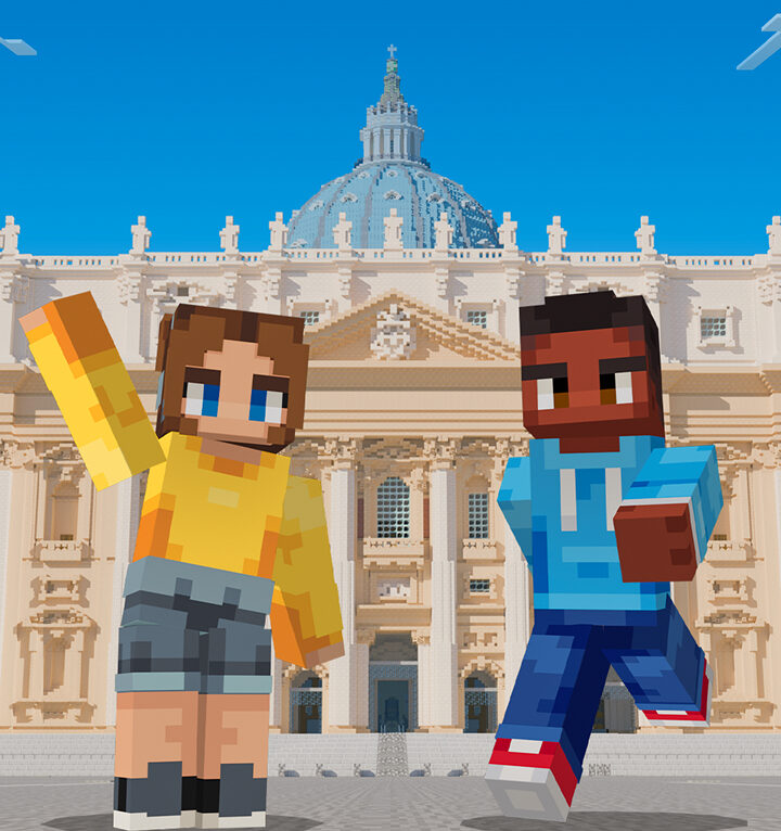 Two pixelated characters from a game stand in front of a digital model of a large domed building, resembling St. Peter's Basilica, under a bright blue sky.